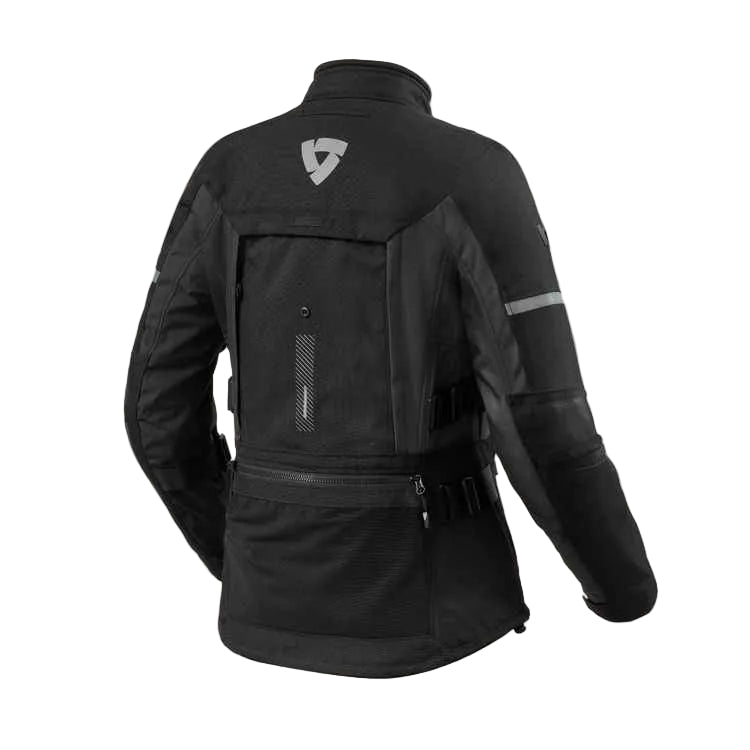 Black motorcycle jacket with brand logo on a white background