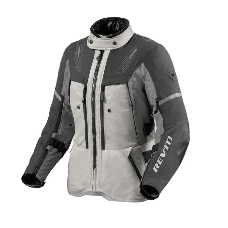 Gray and black motorcycle jacket with REV'IT branding on a white background