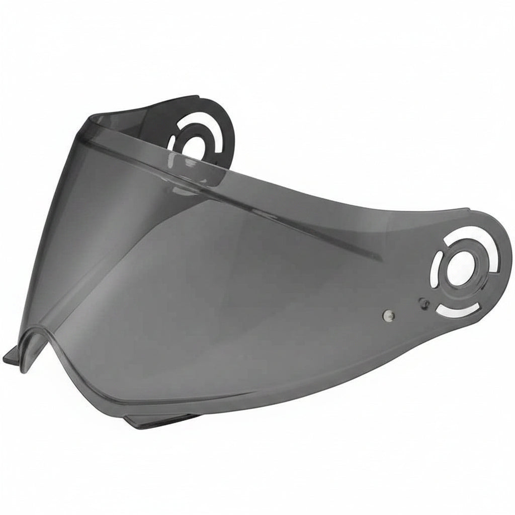 Gray motorcycle helmet visor with brand logo on a white background