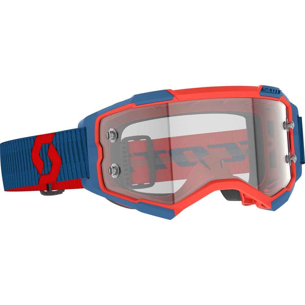 Scott goggles with a blue and red frame, a clear lens, and a blue strap with a red logo, shown on a white background.
