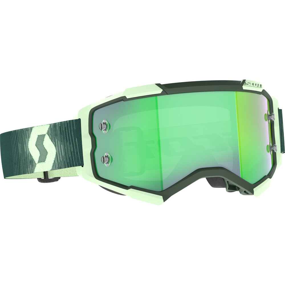 Scott snow goggles with a light green frame, a green mirrored lens, and a dark green textured strap featuring a white Scott logo.