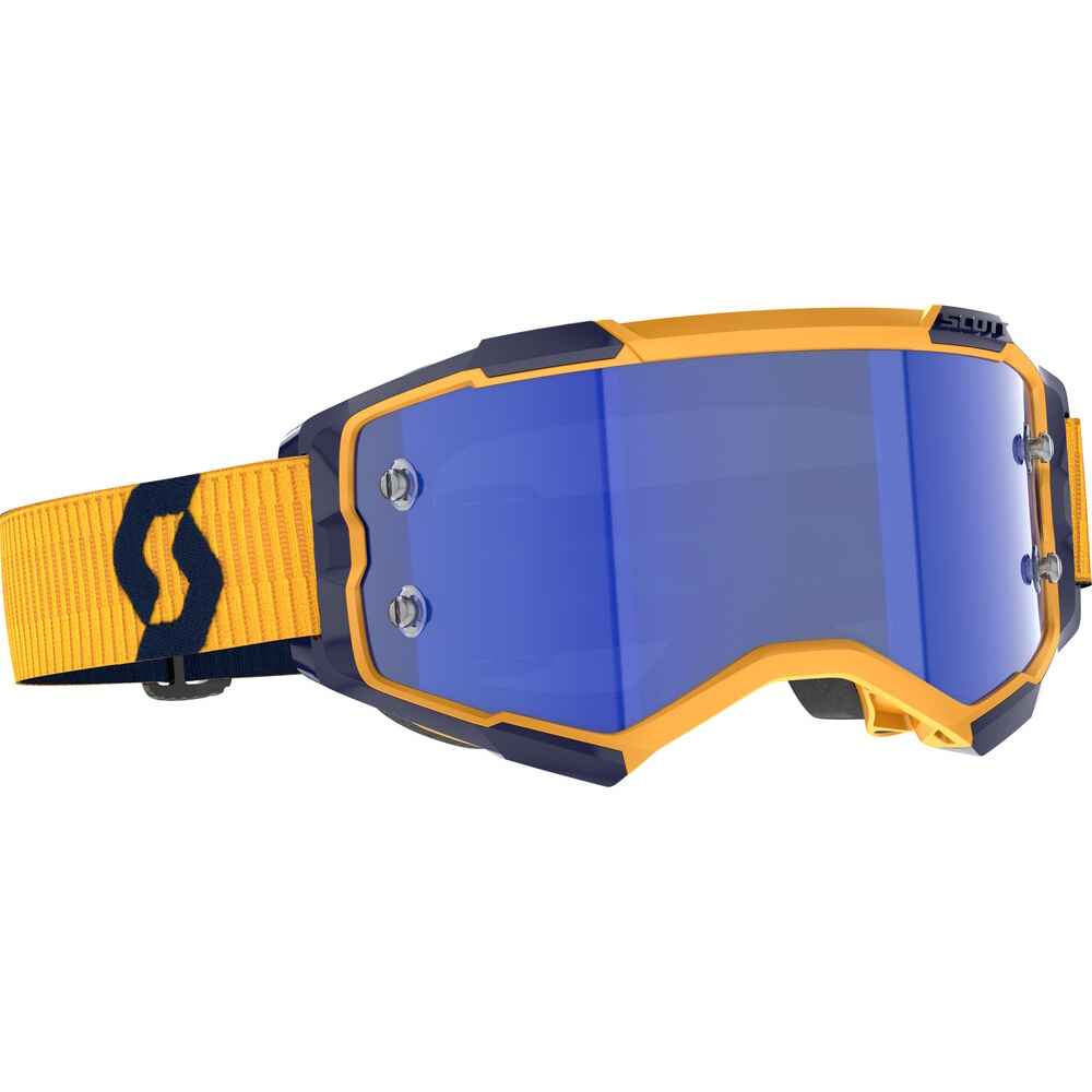 Blue goggles with yellow frame and strap on a white background