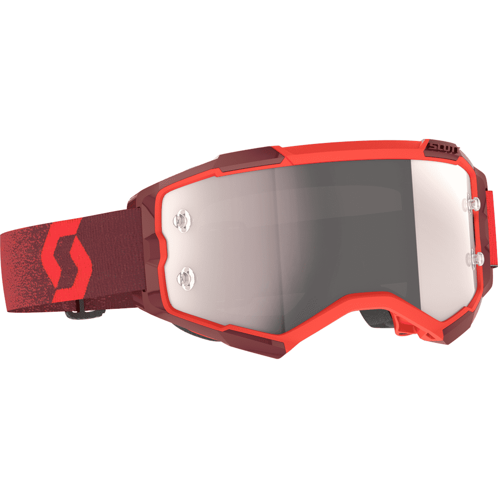 Scott snow goggles with a bright red frame, a dark red patterned strap, and a silver mirrored lens, shown on a plain white background.