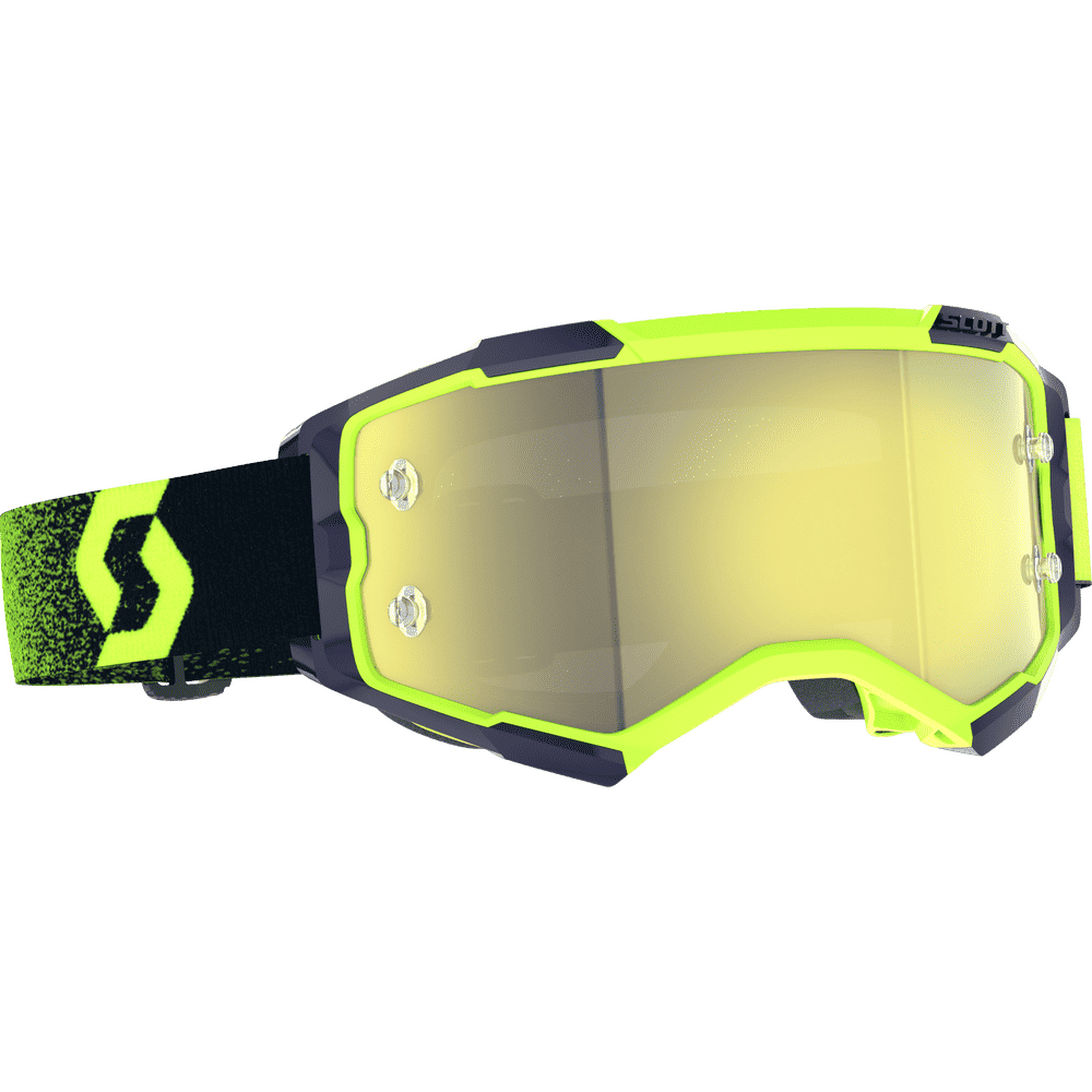 Scott goggles with a bright neon yellow-green frame, a yellow mirrored lens, and a black and neon yellow-green patterned strap, shown on a white background.