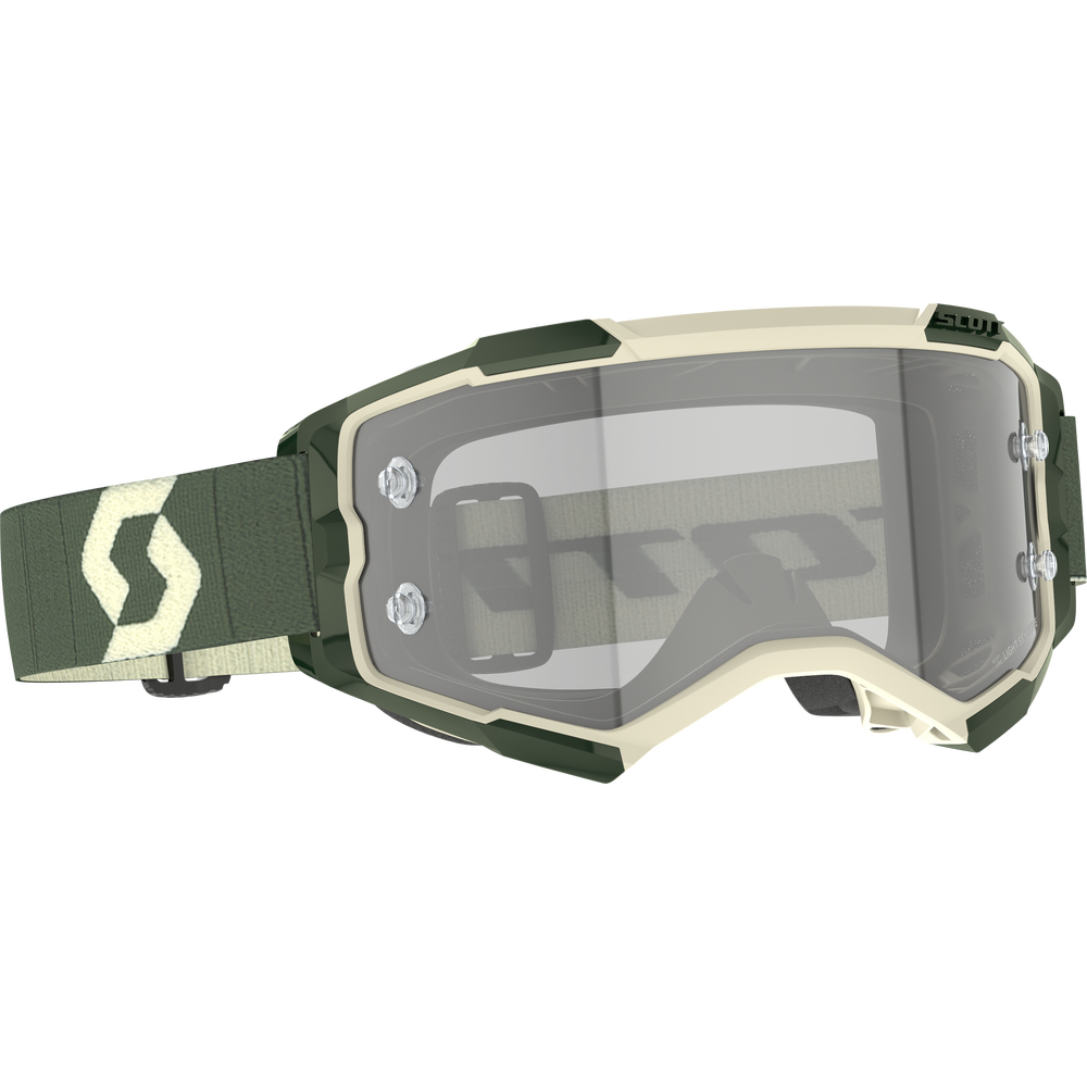 Scott motocross goggles in olive green and cream, featuring a clear shield lens and an adjustable elastic strap with a cream logo.