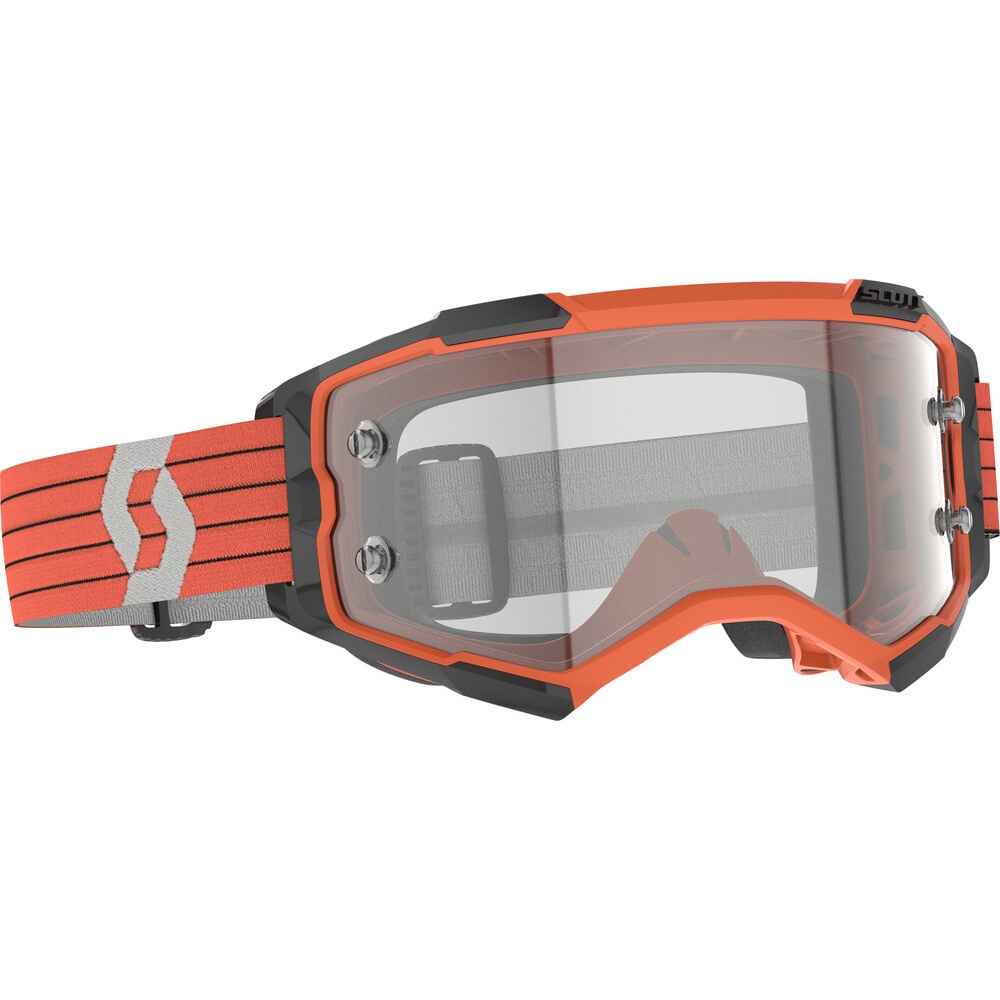 Scott goggles with a bright orange frame, clear lens, and orange-and-gray adjustable strap, shown on a plain white background.