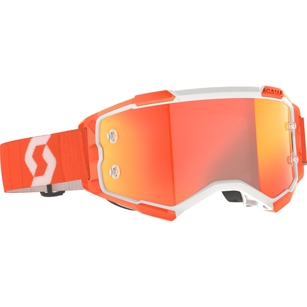 Scott snow goggles with a bright orange frame, white trim, and a reflective orange-to-yellow mirrored lens. The elastic strap is orange with a white Scott logo.