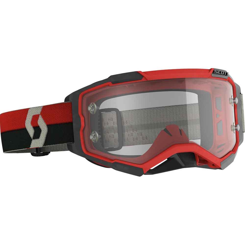 Scott dirt bike goggles in red and black with a clear lens, featuring the Scott logo on the strap.