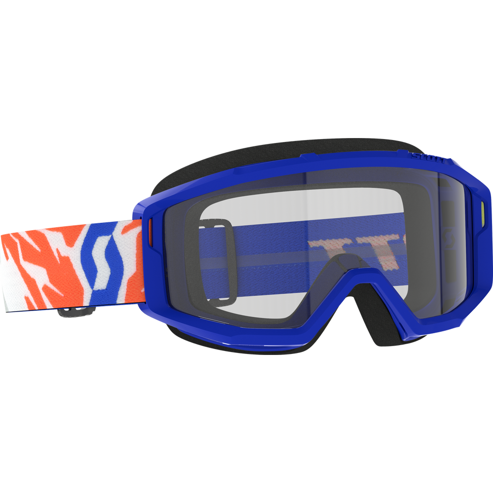 Blue motocross goggles with a clear lens, black nose trim, and a patterned strap featuring blue, white, and orange.