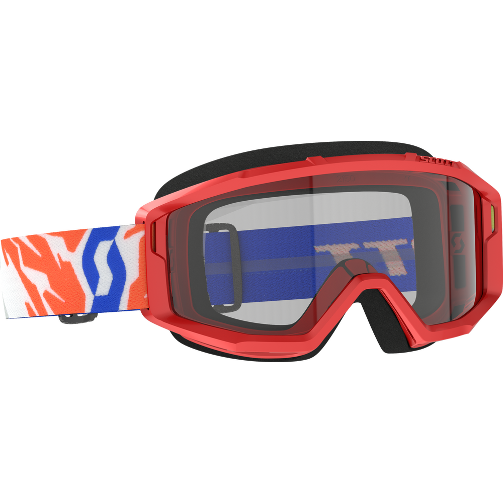 Red motocross goggles with a clear lens, black trim, and a patterned strap featuring orange, white, and blue.