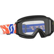Black motocross goggles with a clear lens and a colorful patterned strap featuring orange, blue, and white.