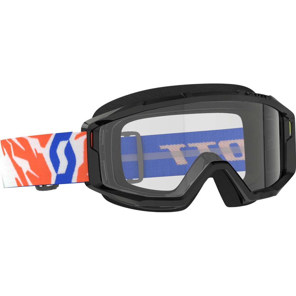 Black motocross goggles with a clear lens and a colorful patterned strap featuring orange, blue, and white.