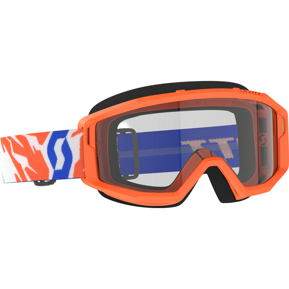 MotoGP-style motocross goggles with a bright orange frame, a clear lens, a blue reflective strip, and a patterned strap in orange, white, and blue.