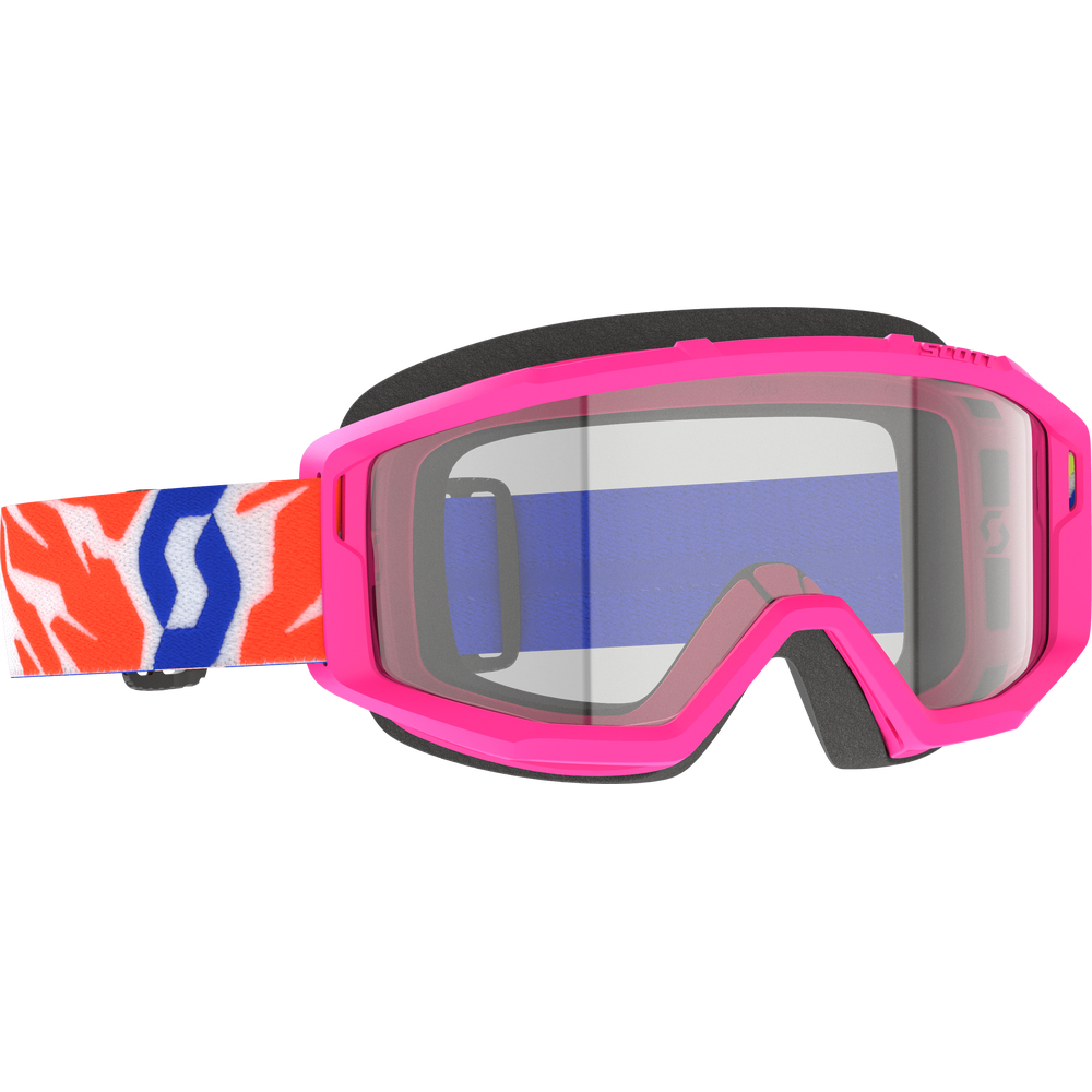 A pair of motocross goggles with a bright pink frame, a blue reflective lens, and a patterned strap featuring orange, white, and blue.