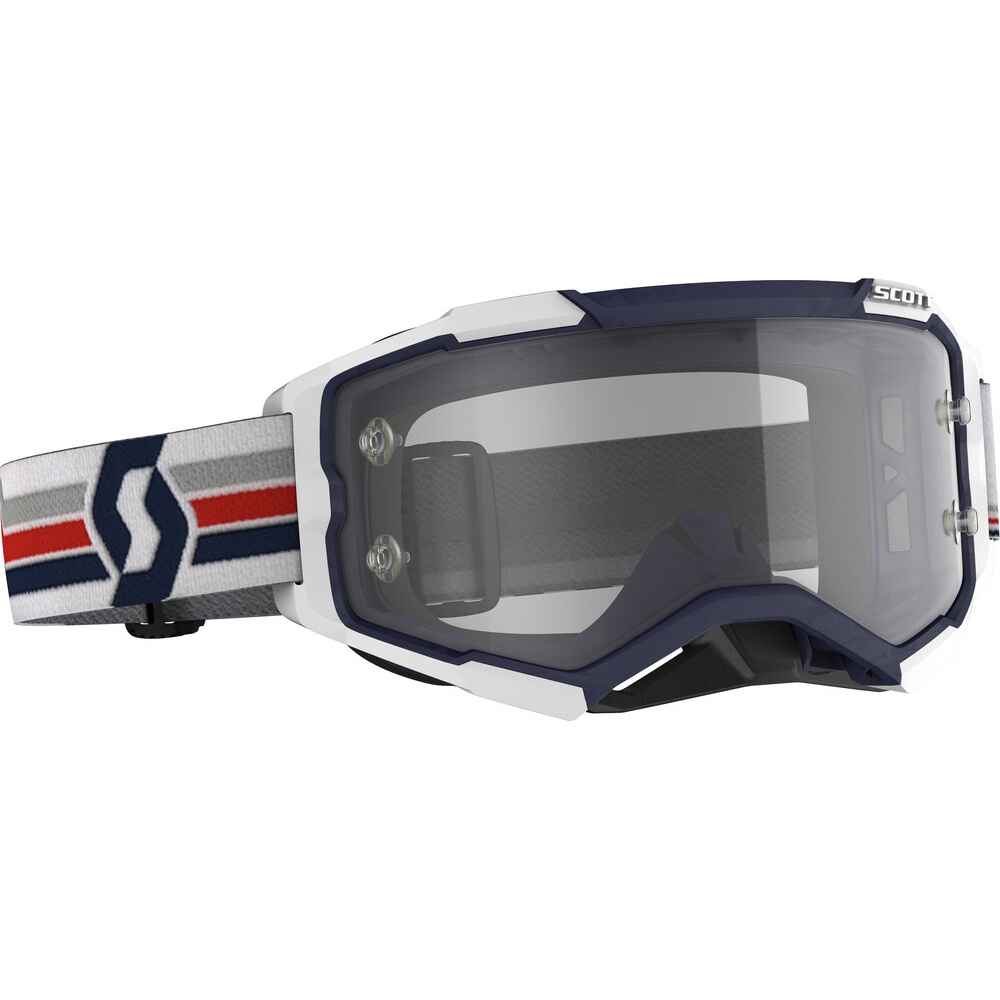 Motocross goggles with a colorful strap on a white background