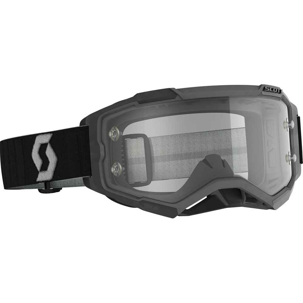 Black goggles with clear lens on a white background