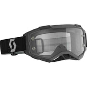 Black goggles with clear lens on a white background