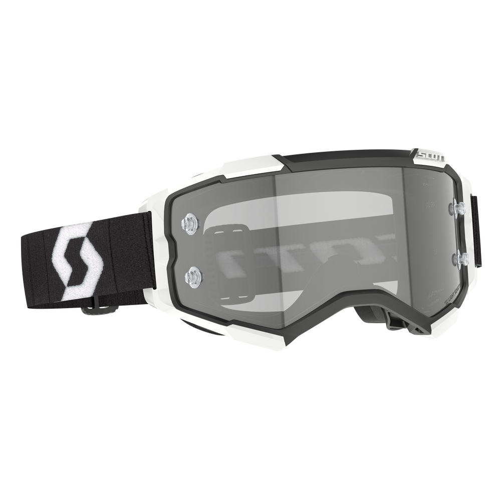 Black and white goggles with a reflective lens on a white background
