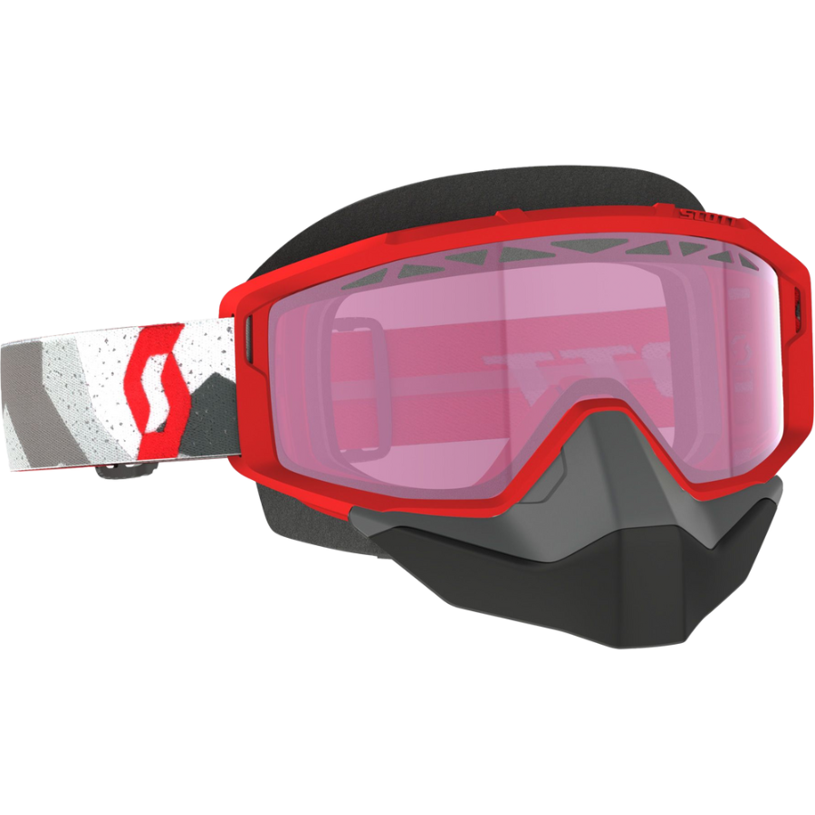 Scott snow goggles with a red frame, pink-tinted lens, and a white, gray, and red patterned strap, shown on a white background.