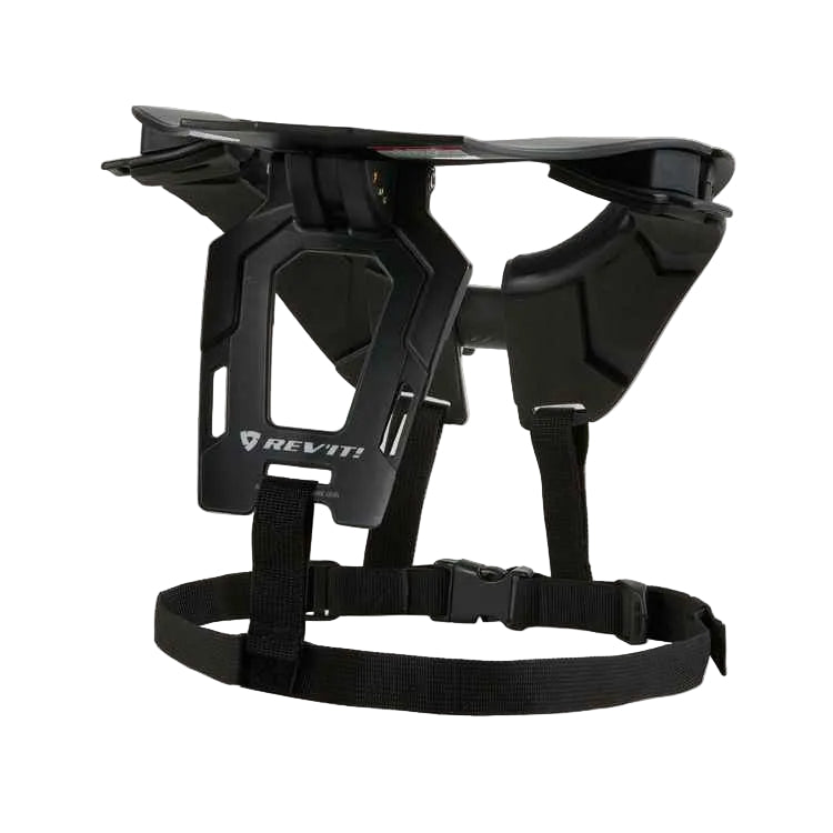 Black motorcycle helmet support with REV'IT! branding on a white background