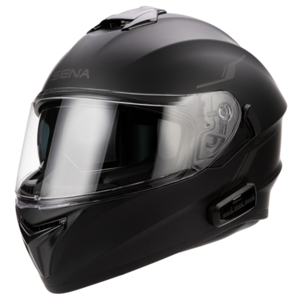 A matte black full-face motorcycle helmet with a clear visor, shown from a three-quarters angle on a solid white background.