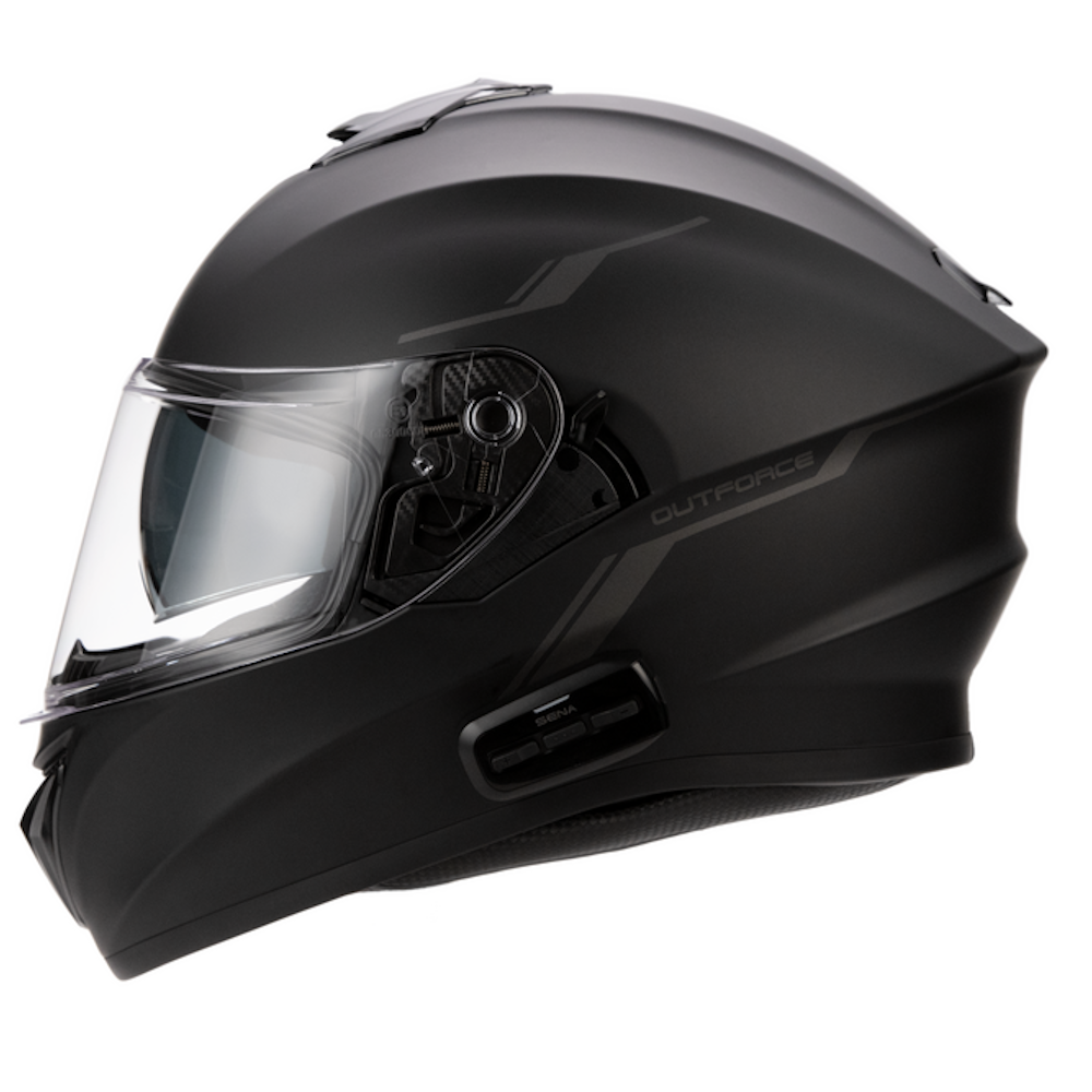 A matte black full-face motorcycle helmet with a clear visor, featuring the 'OUTFORCE' brand name on the side, shown against a plain white background.