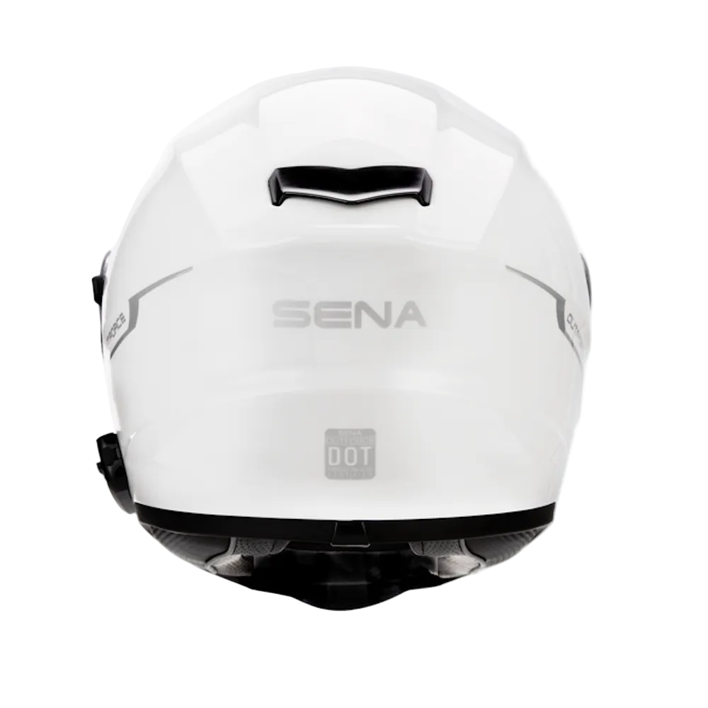 White SENA full-face motorcycle helmet shown from the rear, featuring a black vent and a gray DOT certification logo on a white background.