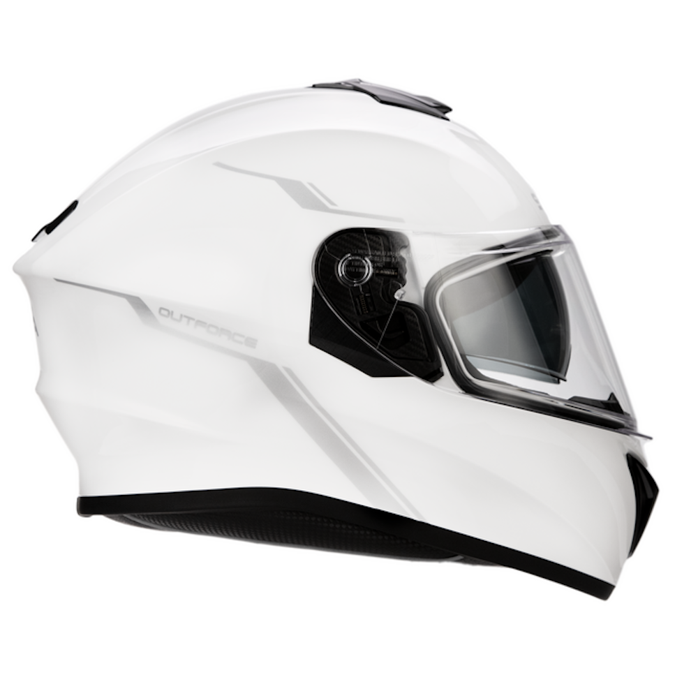 A white full-face motorcycle helmet with a clear visor and black trim details, shown from a side profile on a white background.