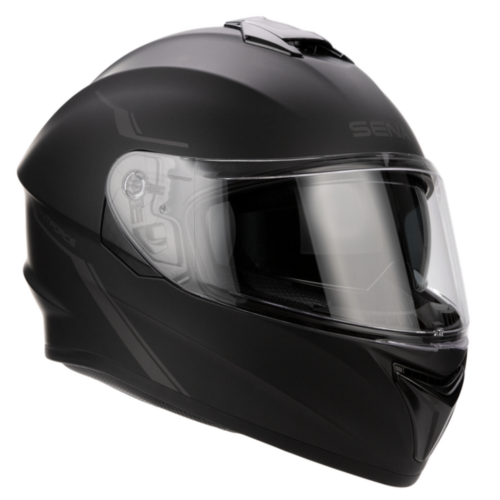 A matte black full-face motorcycle helmet with a clear visor, shown from a three-quarters angle on a solid white background.