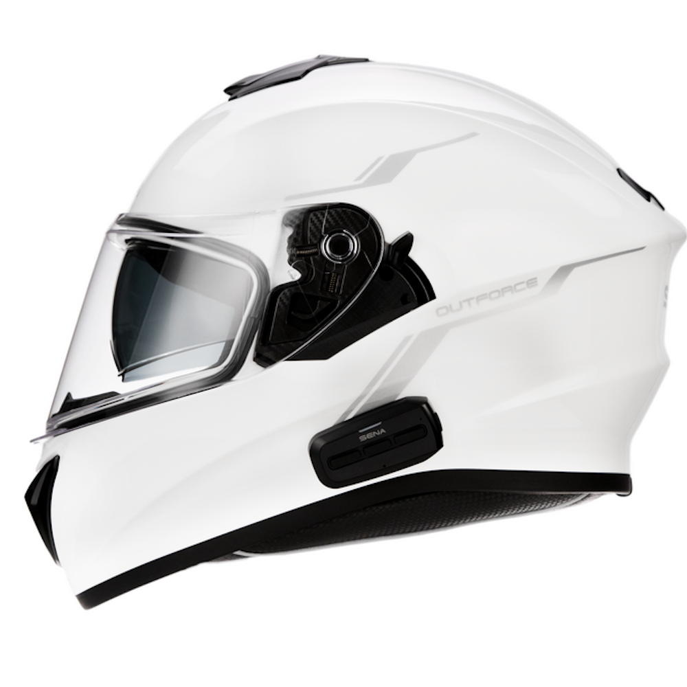 A white full-face motorcycle helmet with a clear visor, featuring black accents, a side-mounted communication module, and the brand name 'AUTORACE' printed on the side.