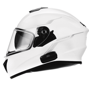 A white full-face motorcycle helmet with a clear visor, featuring black accents, a side-mounted communication module, and the brand name 'AUTORACE' printed on the side.