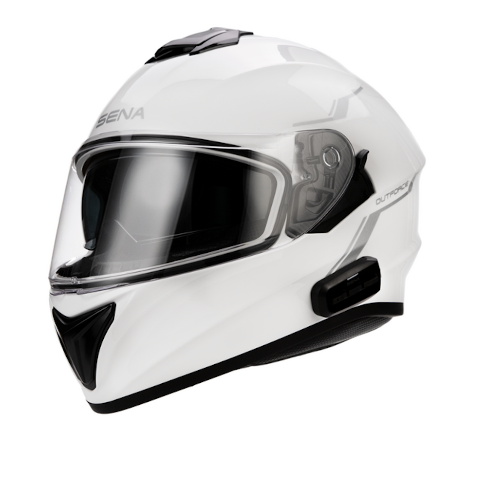 A white SENA Outrace full-face motorcycle helmet with a clear visor, black chin guard, and side air intake, shown against a plain white background.