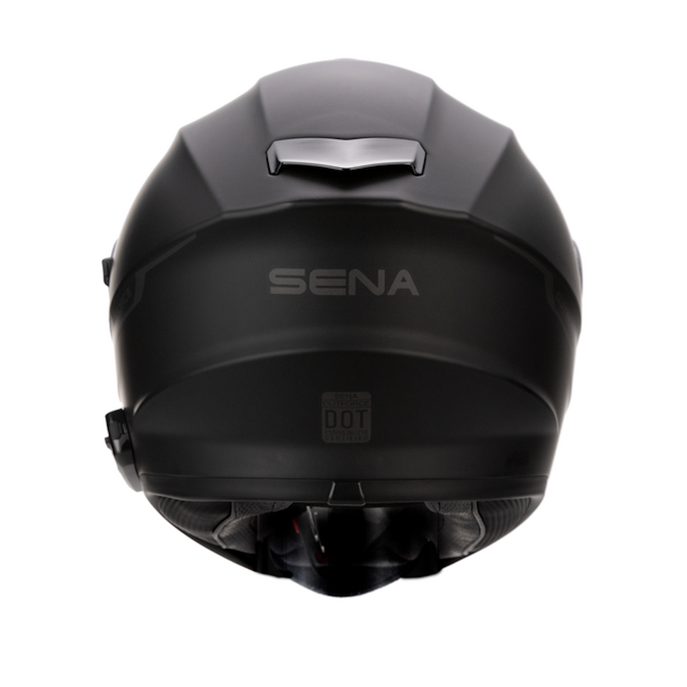 A matte black full-face motorcycle helmet shown from the rear, featuring the 'SENA' brand name and a 'DOT 3' certification sticker on the back, set against a plain white background.