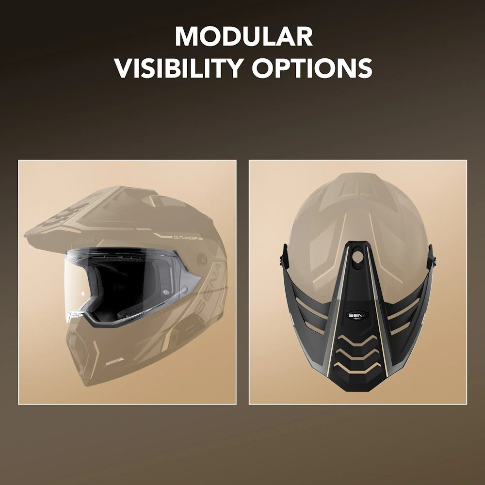 Modular helmet with visor and side view on a beige background, labeled 'Modular Visibility Options'.