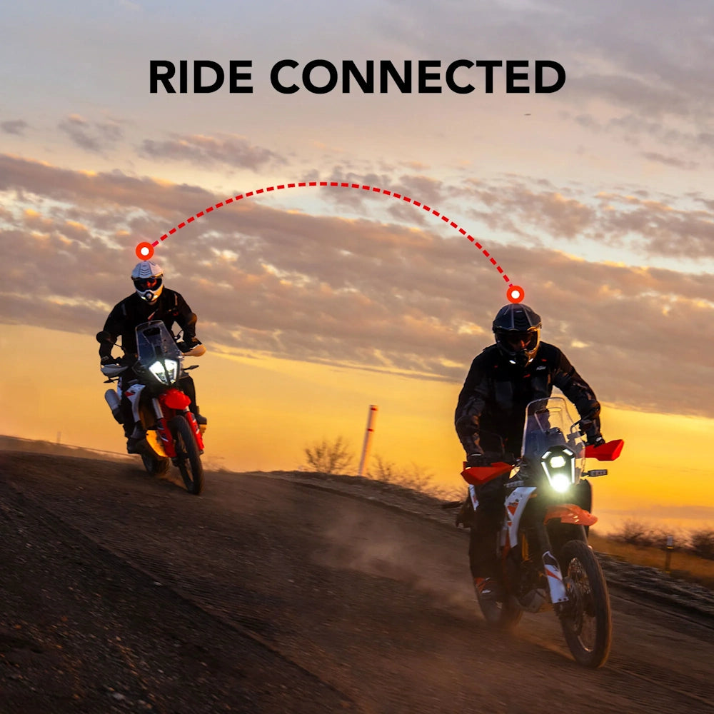 Two motorcyclists riding on a dirt road with a sunset in the background and 'Ride Connected' text above.