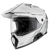 A white full-face motorcycle helmet with a clear visor, featuring black and gray graphic accents and the brand name 'SENA' on the side.