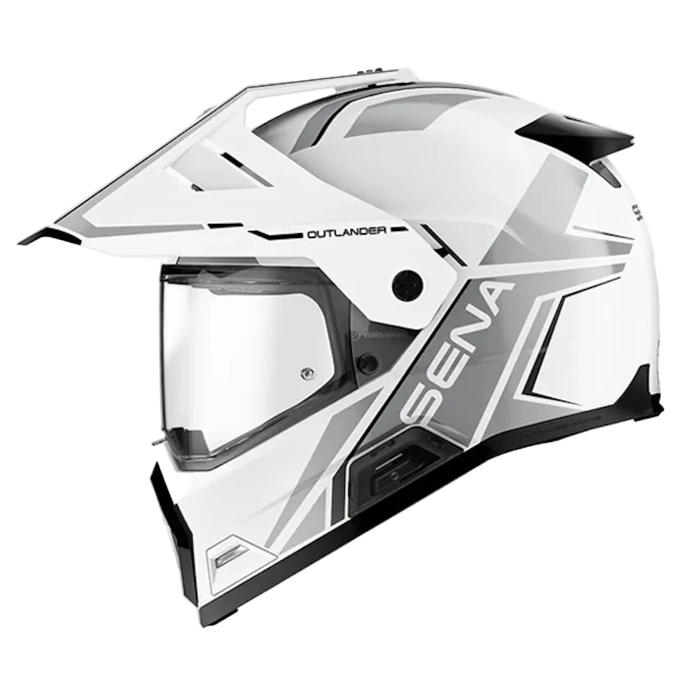 A white full-face motorcycle helmet with gray and black graphic accents, featuring a clear visor and the brand name 'SENA' printed on the side.