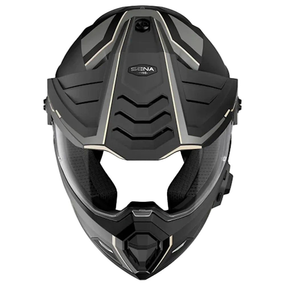 A black full-face motorcycle helmet with a clear visor, featuring geometric angular details and gold accent lines, shown from a front-facing perspective on a light gray background.