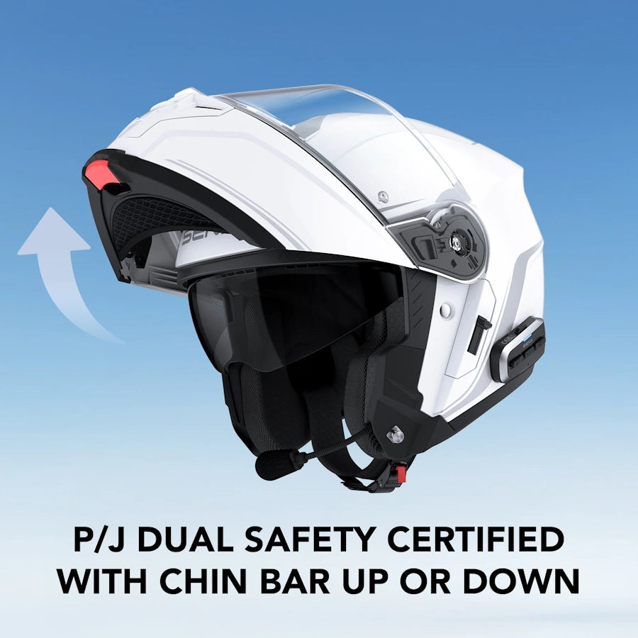 White helmet with chin bar up on a blue background, featuring text about safety certification.