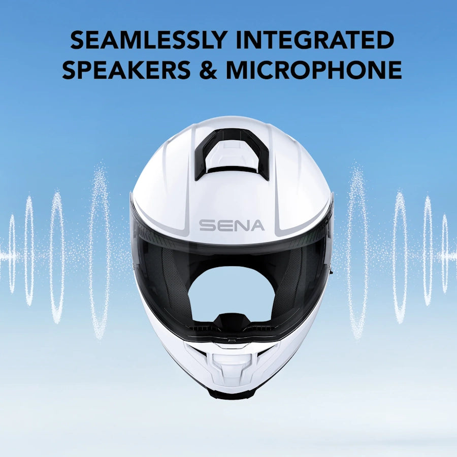 Sena motorcycle helmet with text 'Seamlessly Integrated Speakers & Microphone' on a blue background