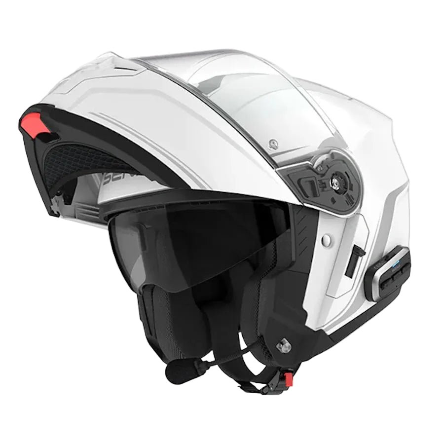 A white and black convertible motorcycle helmet with a clear visor, shown from a three-quarters angle on a light gray background.