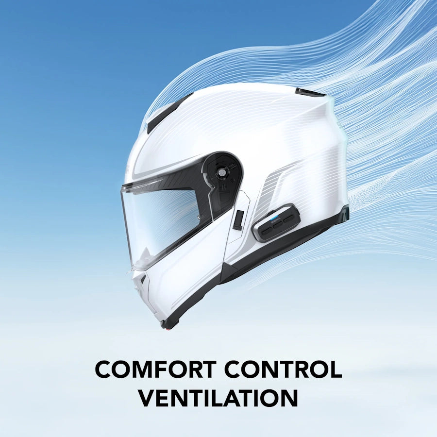 White motorcycle helmet with comfort control ventilation system on a blue background