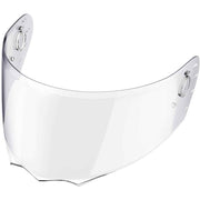 A clear motorcycle helmet visor lens with silver metal mounting rings on a solid white background.