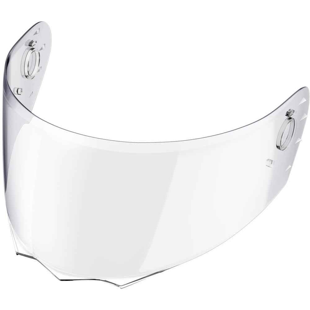 A clear motorcycle helmet visor lens with silver metal mounting rings on a solid white background.
