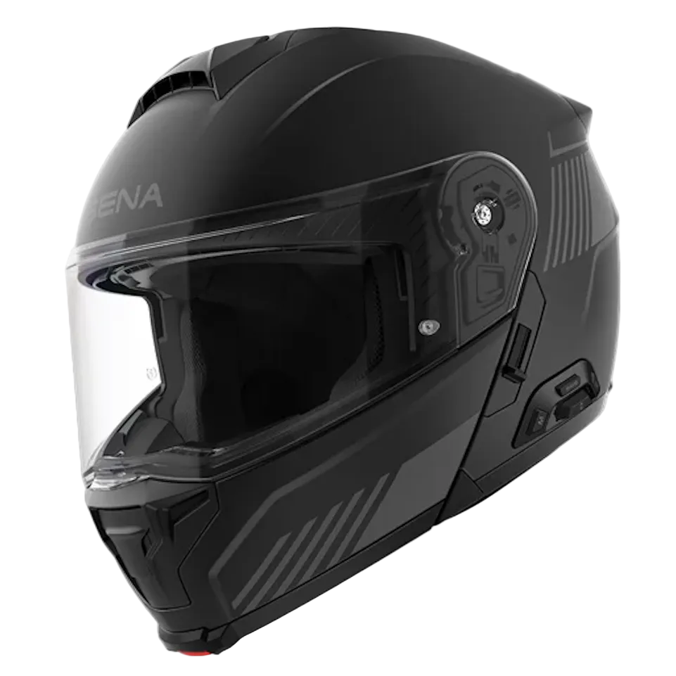 A matte black full-face motorcycle helmet with a clear visor, featuring subtle gray graphic stripes and the brand name 'Sena' on the forehead, shown against a light gray background.