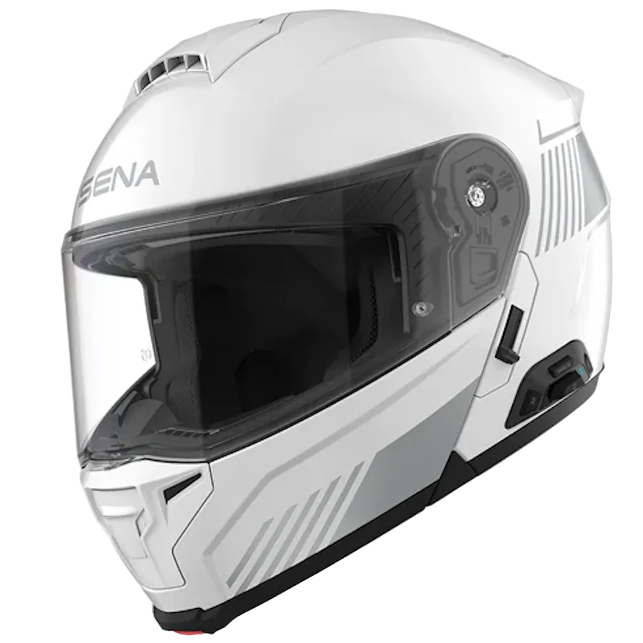A white full-face motorcycle helmet with a clear visor, featuring the brand name 'SENA' on the side, shown against a light gray background.