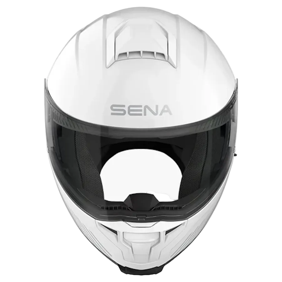 A white full-face motorcycle helmet with a dark visor, featuring the brand name 'SENA' printed on the forehead, shown against a plain light gray background.