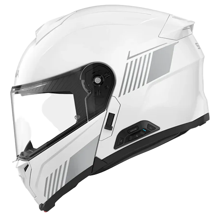 A white full-face motorcycle helmet with a clear visor, featuring gray graphic stripes and black accents on the chin, side, and visor frame, shown against a light gray background.
