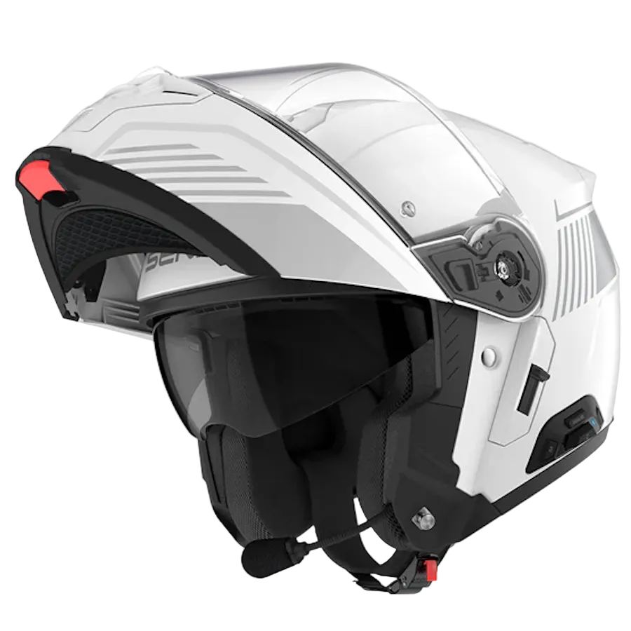 A white and silver full-face motorcycle helmet with a clear visor, black interior padding, and small red accents, shown on a light gray background.