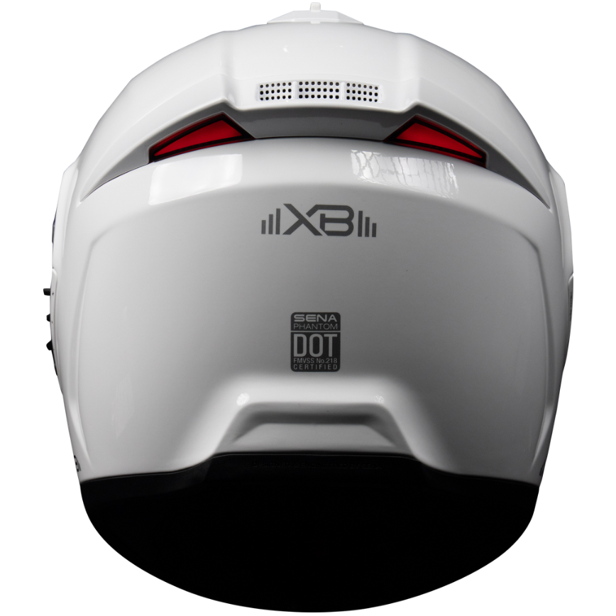 The rear view of a white Segna XB DOT 2019 motorcycle helmet, featuring the XB logo and a DOT 2019 certification sticker on a plain white background.